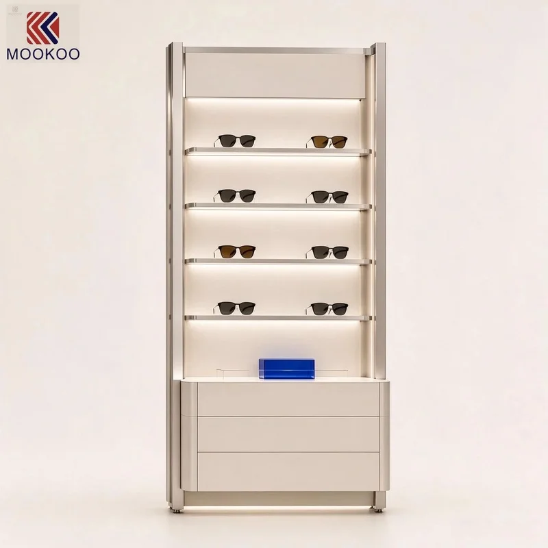 custom.Optilume Spectravis Luxury Custom Sunglass Wall Showcase Modern LED Light Eyewear Display Cabinet Optical Retail Shop