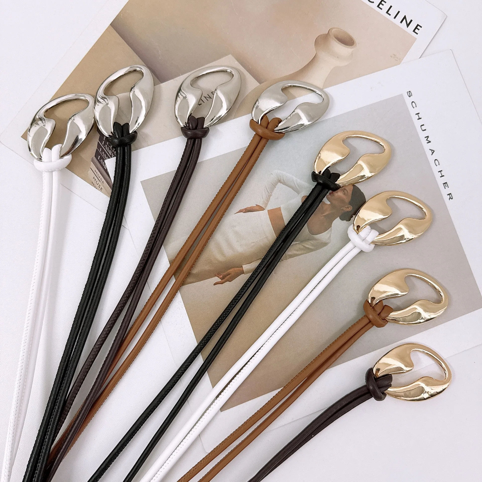 Nuevo cinturón anudado con hebilla de Metal dorado para mujer, cinturones largos de cuero Pu para mujer, vestido, abrigo, faja con correas decorativas