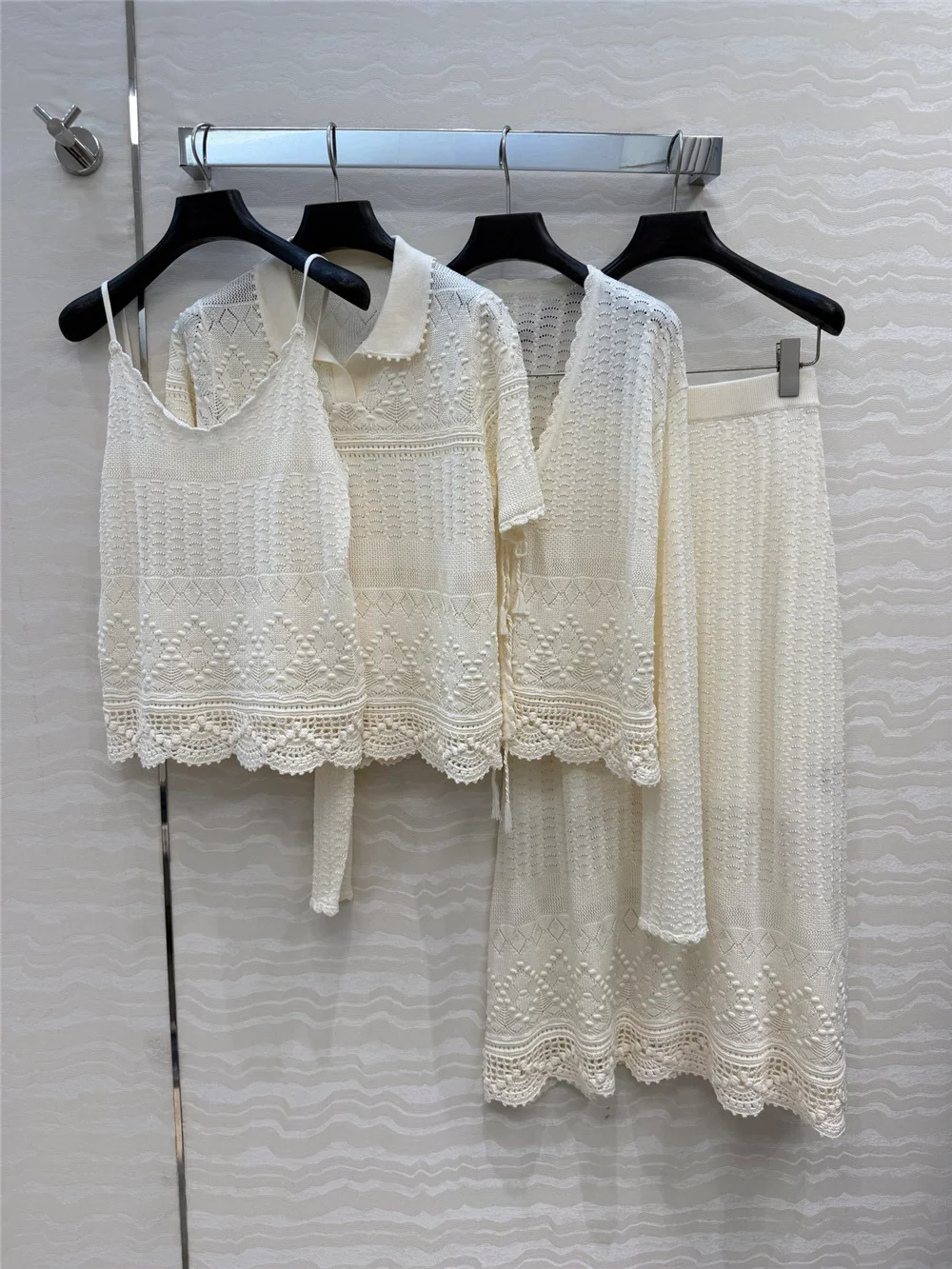 Women's 4-Piece Set Open-Knit Long-Sleeve Cardigan/ Polo-Collar Top/ Camisole /Straight-Cut Skirt