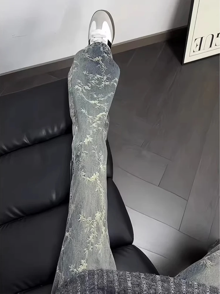 

Light Blue Thorn Embroidery Waed Jeans Men's Sle Spring High Street Vibe Pants Leg Lengthening Straight Leg Fit Jeans