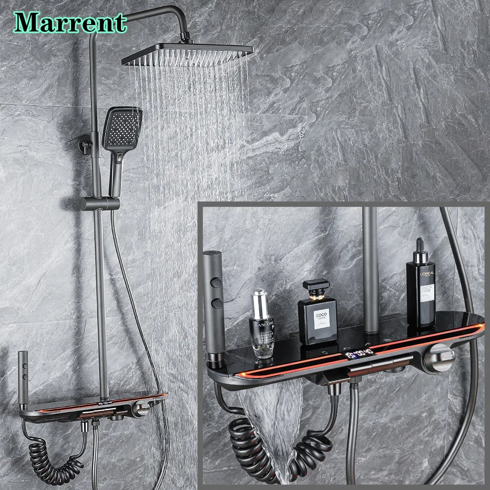 Newly Piano Thermostatic Digital Shower System Rain Shower Head Hot Cold Bathroom Faucet Ambient Lighting Piano Shower Set