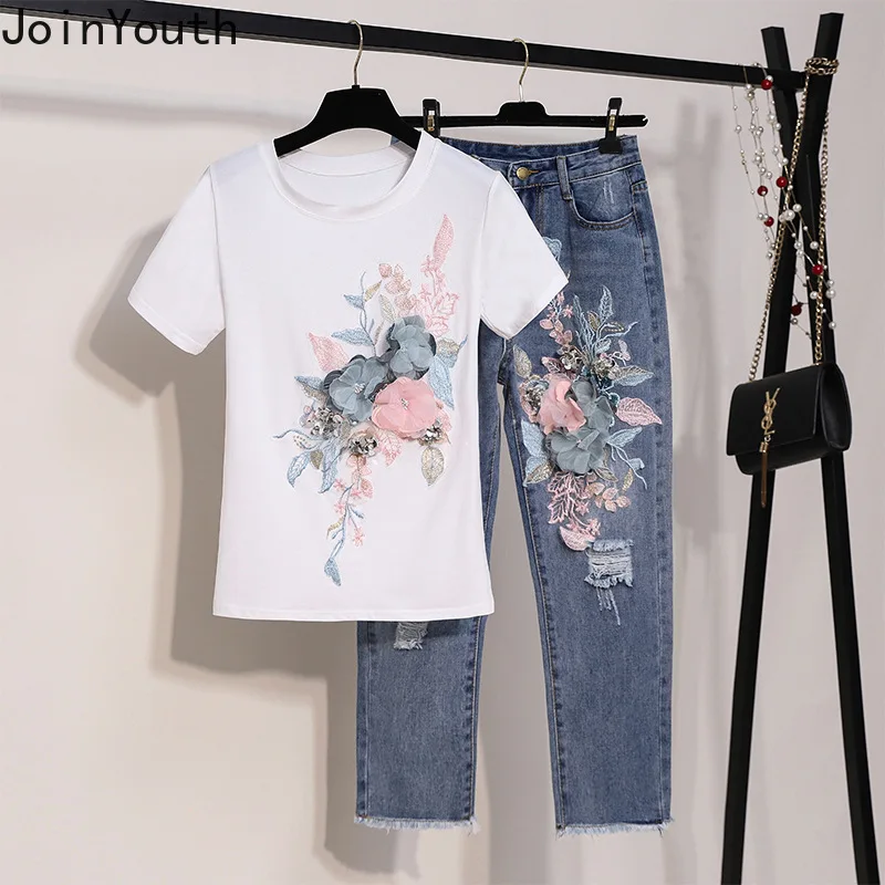 Korean Jeans Suit Chic Two Piece Sets Womens Outfits Roupas Femme Embroidery 3D Floral White Tshirts Tunic Hole Denim Pants Set