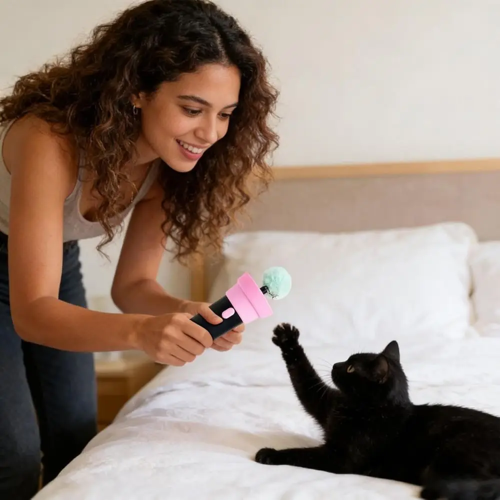 

USB Rechargeable Cat Teaser Launcher with Retractable Rope Hands-Free Automatic Cat Teaser with Fluff Ball Boredom Relief