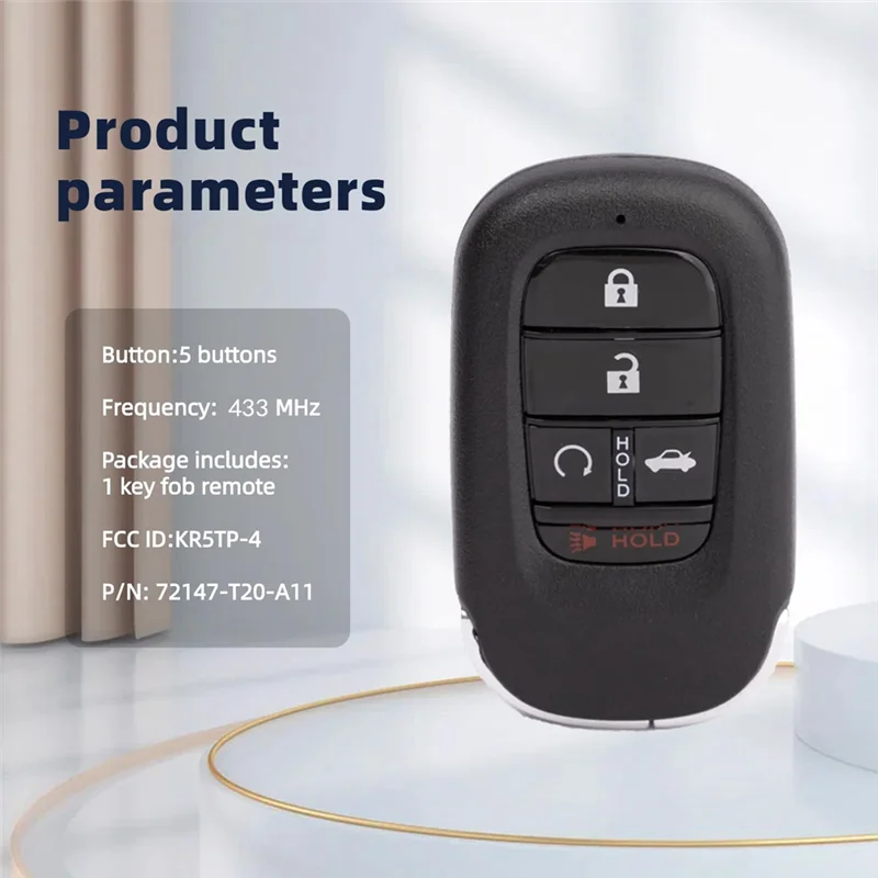 

KR5TP-4 Replacement Smart Key Fob Remote For Honda Accord Civic CRV HRV Keyless Entry 5 Buttons 433MHZ 4A Chip