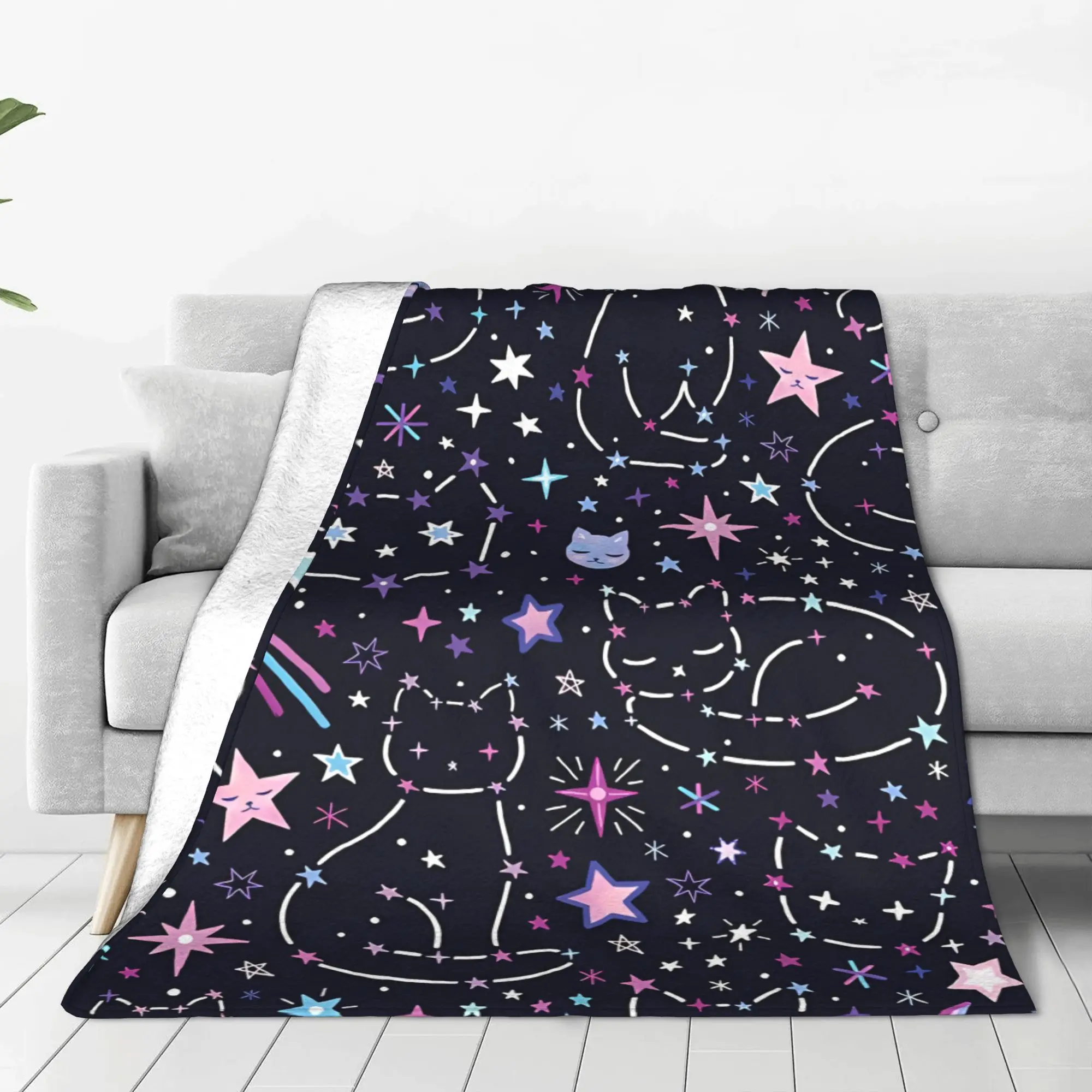 1PC Home Cute Room Decor Constellations Blanket Throw Blanket Space Cats Novelty Warm Blanket All Season