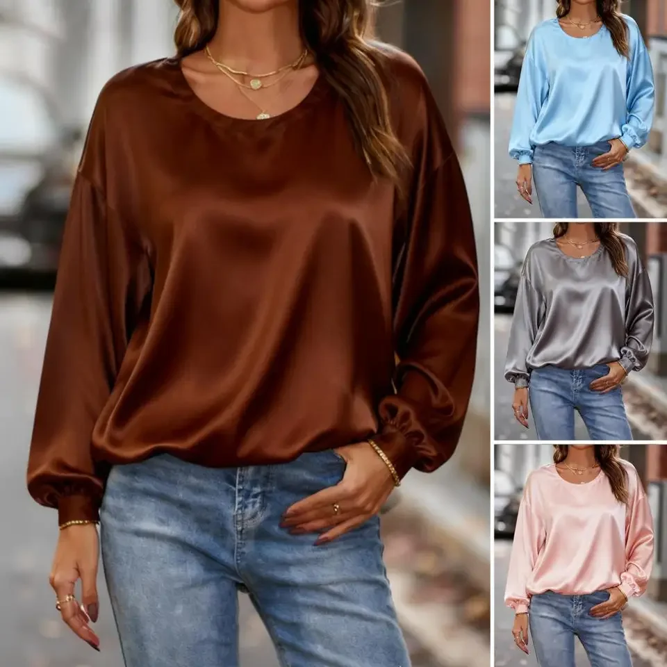 

Women Tops Women’s Solid Color Long Sleeve Blouse Loose Fit Top Round Neck Shirt for Work Party Date Wear Comfortable Women