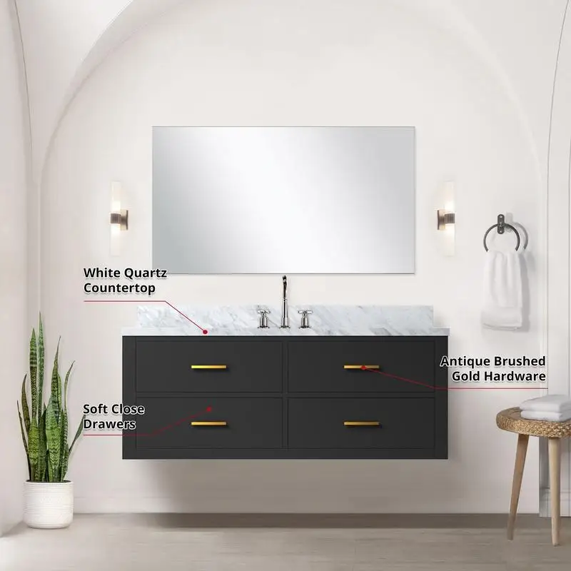 حمام فردي أسود مقاس 48 بوصة مع سطح كوارتز أبيض، ومجموعة مرآة وصنبور مقاس 43 بوصة #6