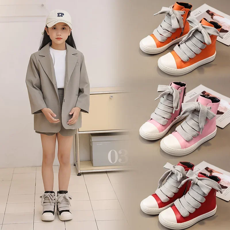 Scarpe di tela in pelle alte per ragazze 2023 Sneaker Casual per bambini per ragazzi donne Sneakers alte con suola spessa taglia usa 10C-5Y