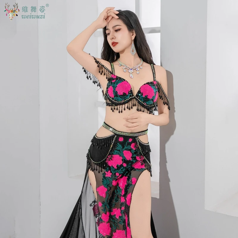 Traje de performance de dança do ventre personalizado, lantejoulas sênior bordadas, contas de cristal, conjunto de borla, roupas de competição de dança oriental