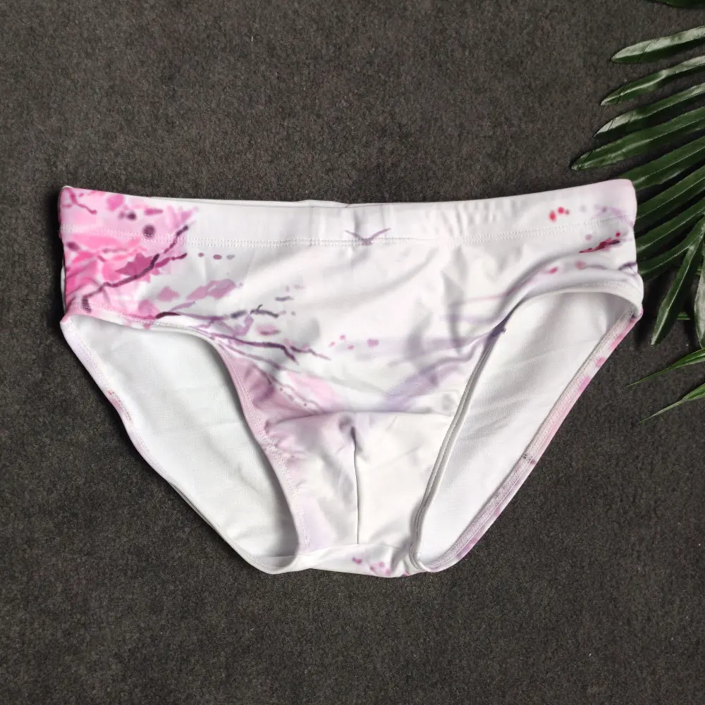 Men's Sexy Swim Bikini Swimsuit Swimwear Quick Dry Flower Print Briefs Plum Blossom Swimming Trunks Beach Shorts Surf Underpants