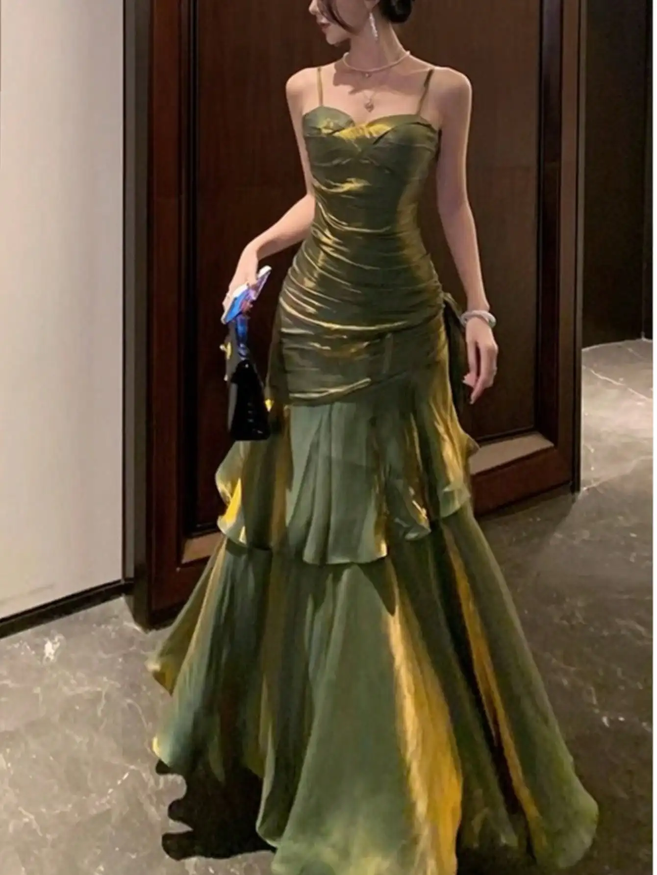 

Olive Green Satin Mermaid Dress with Spaghetti Straps and Ruffles