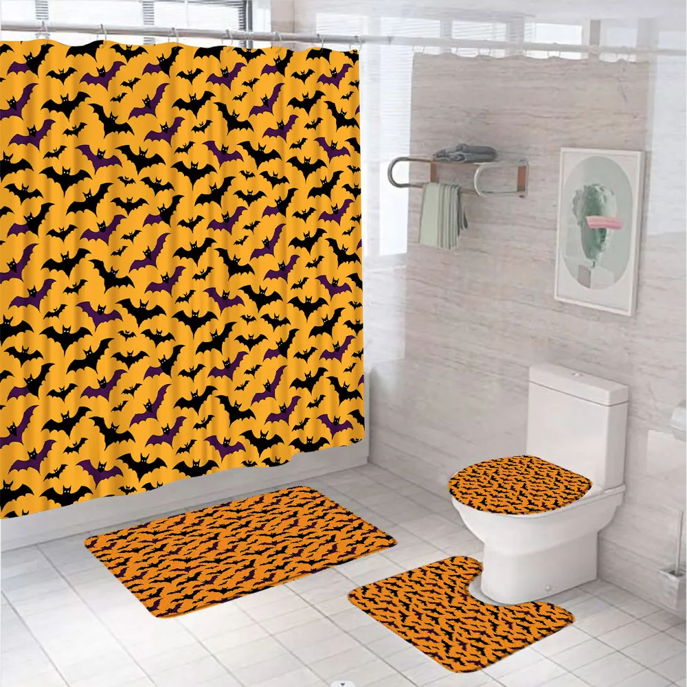 Horror Pumpkin Black Cat Bathroom Set with Shower Curtain Toilet Cover Rug Accessories Halloween Cartoon Bath Curtain Home Decor