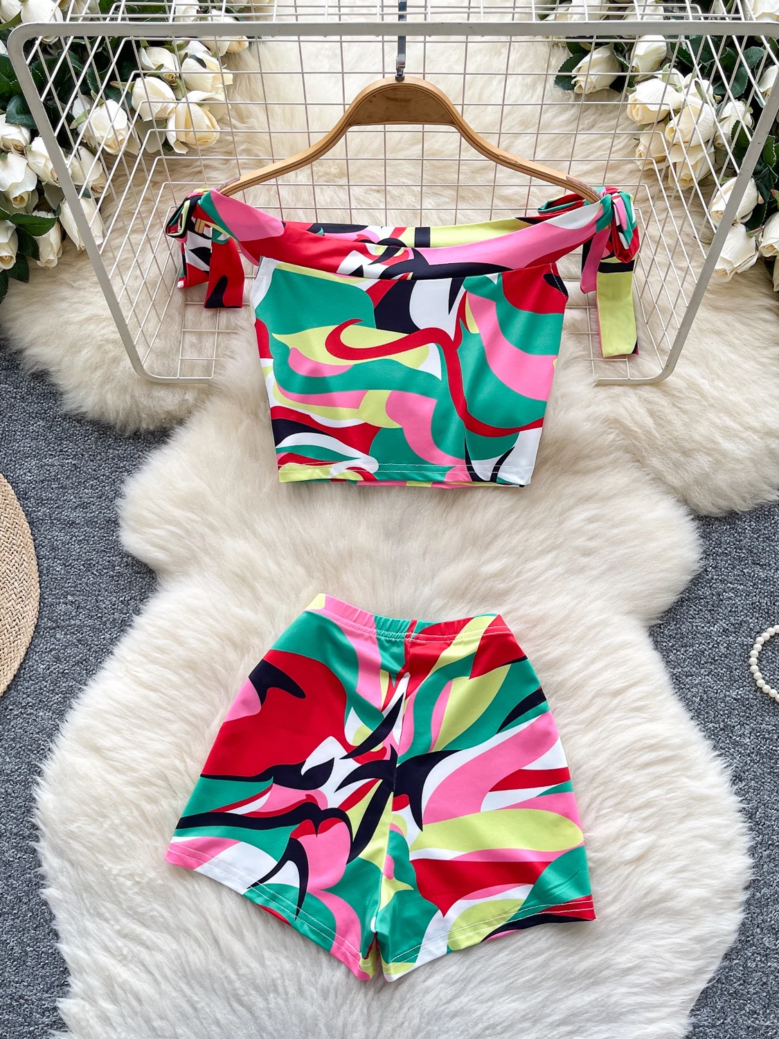 Hot Girl Pure Desire Summer One oulder Strap Waist Cinched ort Print Top High Waist Tight Slimming orts Women's Set