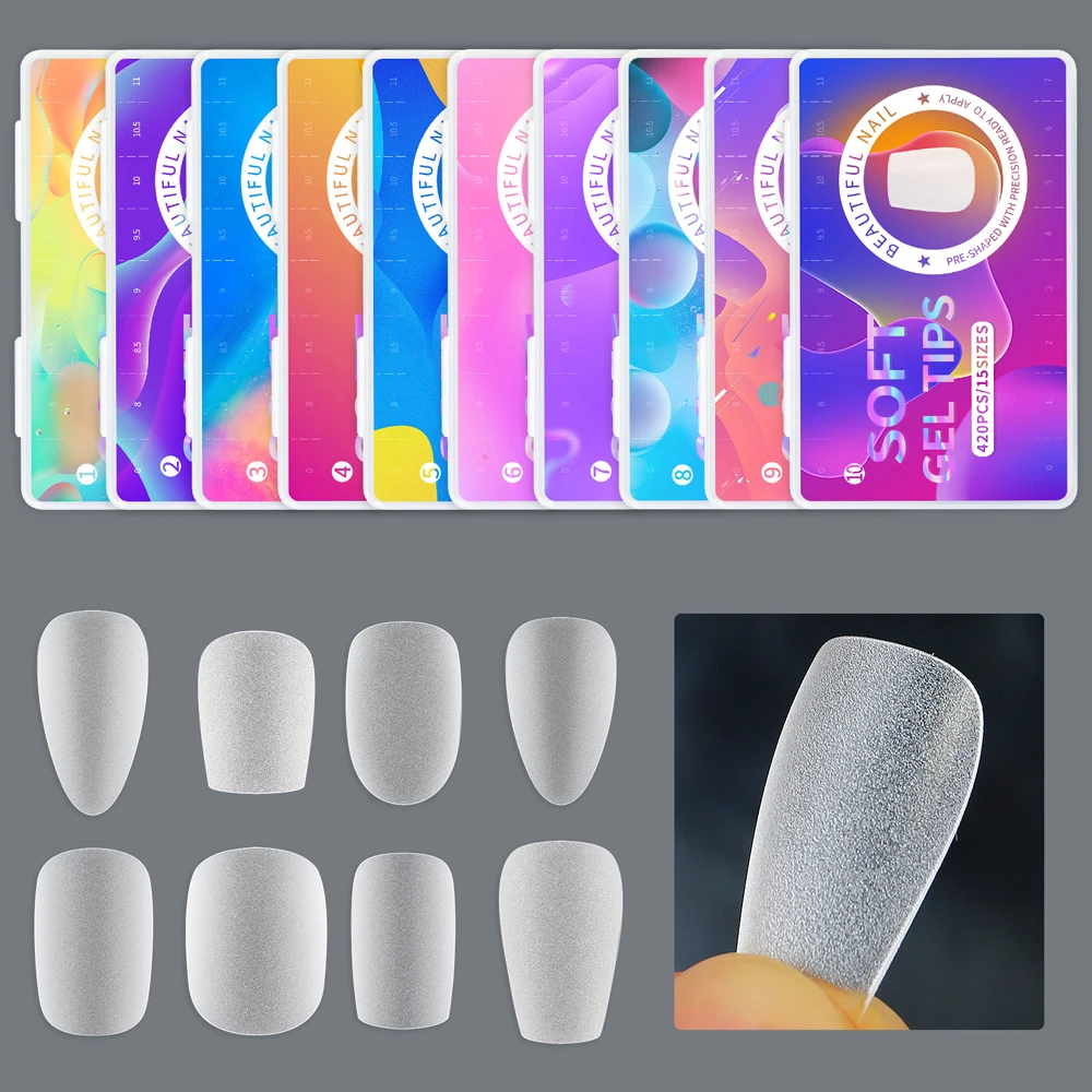 420 Stück Weiche Matte Mandelförmige Nagelspitzen, Voll Transparent, Soak-Off Gel, Kurze T-Form, Runde Ovale Kapselspitzen für Nagelkunst-Dekoration – Detail 1