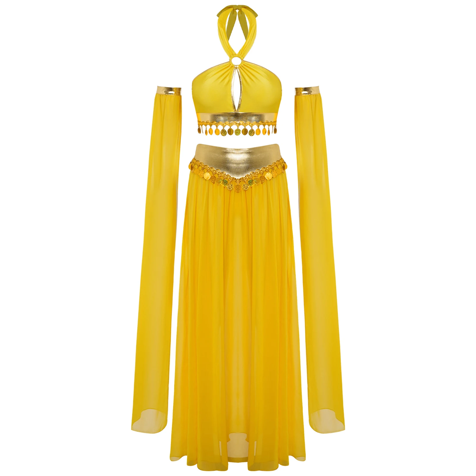 Kostium na Halloween dla kobiet, Kleopatra, starożytna egipska królowa, top typu halter, krótki top z rozciętą szyfonową spódnicą, rękawy, stroje do tańca brzucha