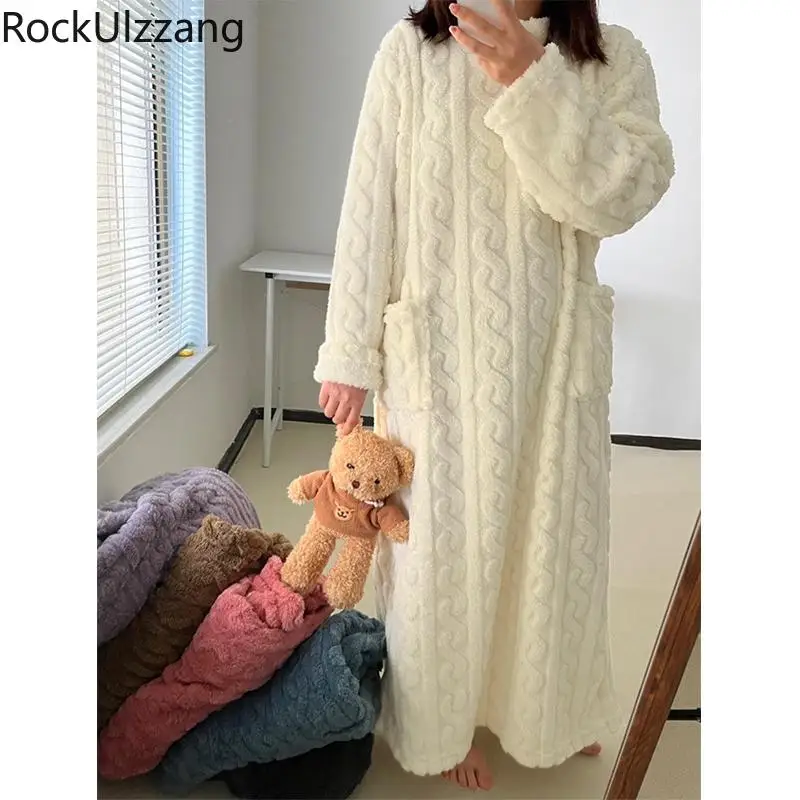 Fashion Winter Women Nightgowns Jacquard Dress Night Dress Loose Solid Color Thickened Flannel Sleepwear Home Clothes Warm