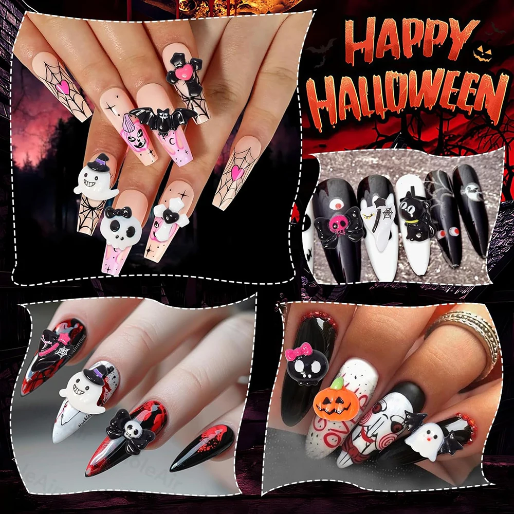 30 Uds. De dijes de uñas 3D mezclados para Halloween, Vintage, Punk, araña, calavera, calabaza, fantasma, murciélago, decoraciones, suministros de dijes de uñas góticos oscuros