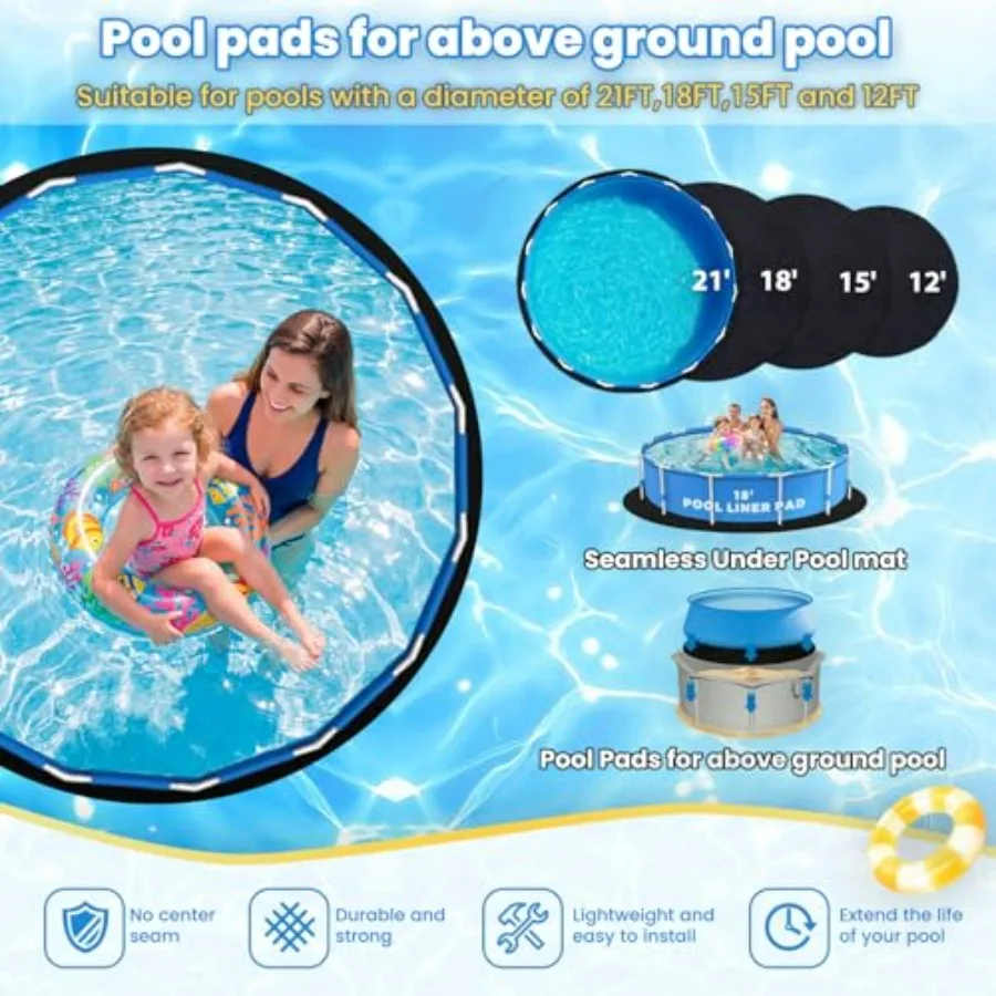 Above Ground Pool Liner Pad, 21 FT Round, 300GSM Heavy Duty Thickened PE Material, Black, Anti-Shift with Grommets Stakes, Punc