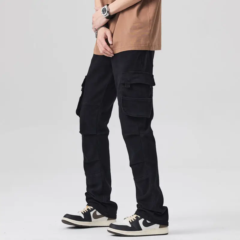 American high street jeans men's loose fitting straight tube design washed cargo casual long pants men  jeans cargo pants men