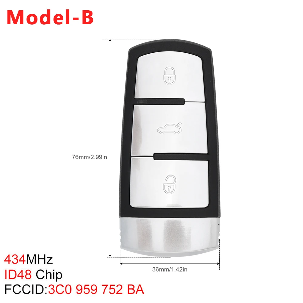 433/434MHz 3 Buttons  Keyless Uncut Flip with ID48 Chip 3C0959752BA Smart Remote Key Fob Fit for VW/Passat/Magotan CC 2006-2011