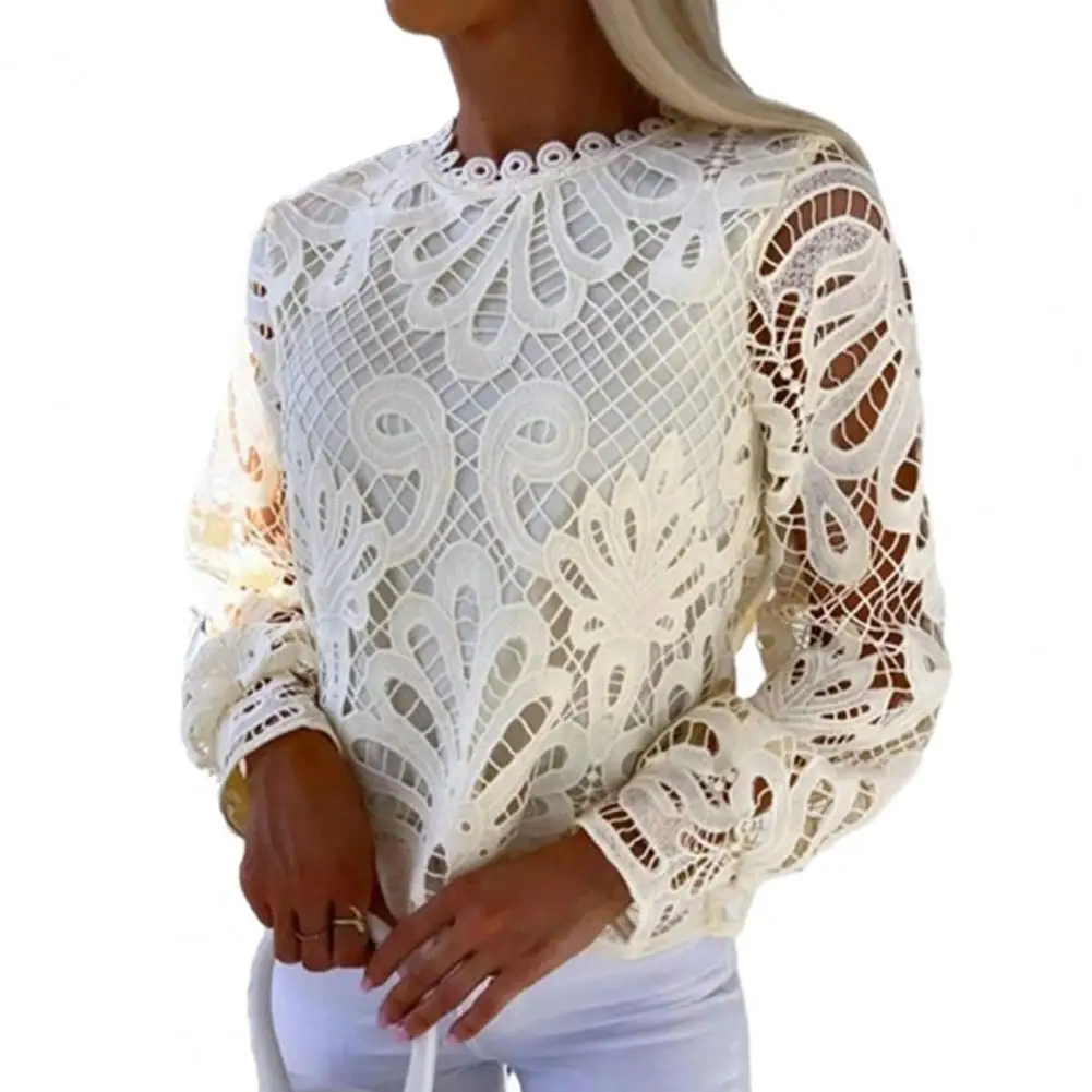 Long Sleeve Top Elegant Long Sleeve Lace Top Elegant Lace Hollow Out Long Sleeve Women's Top Soft Round Neck for Spring