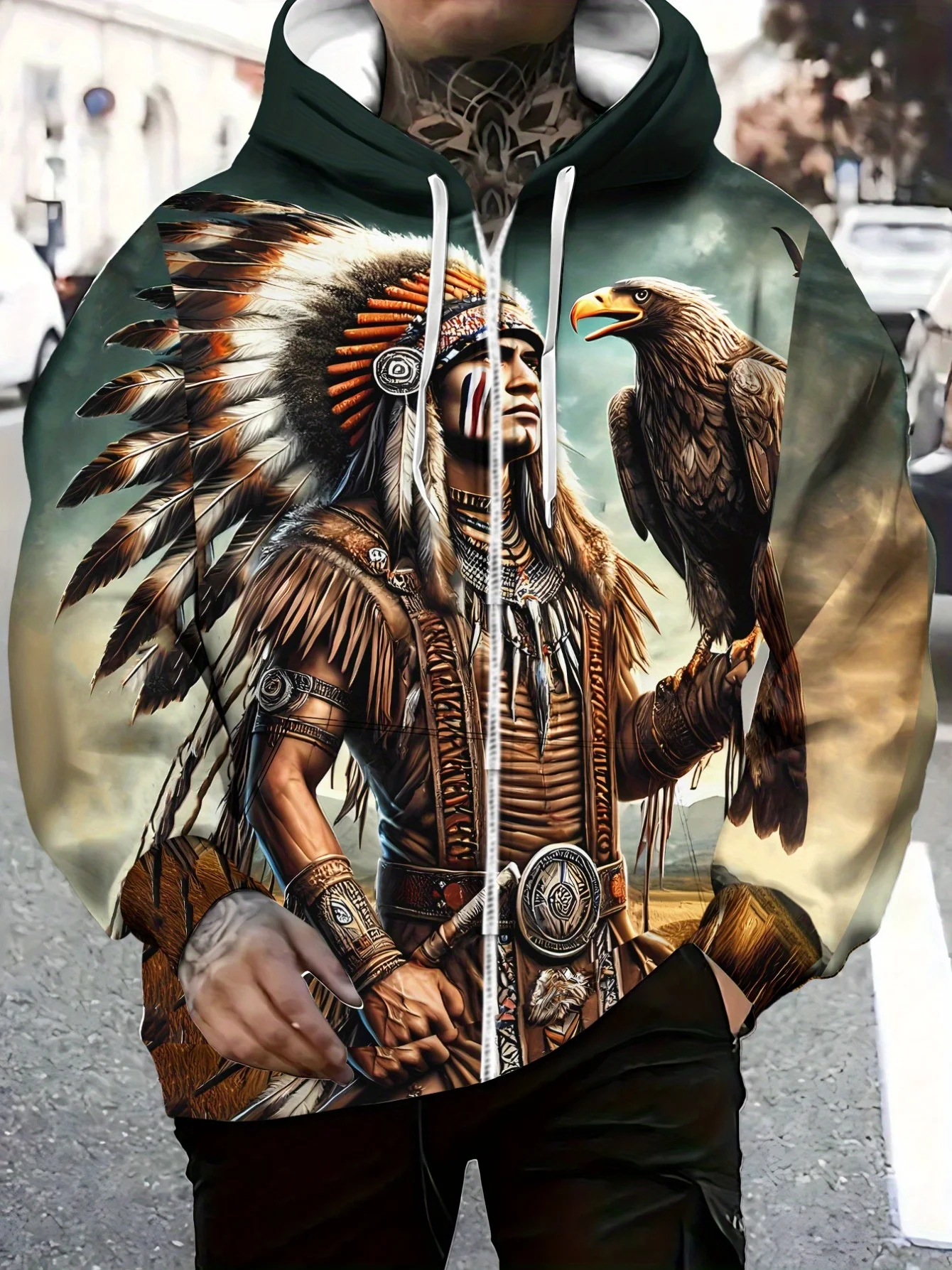 Толстовка на молнии для мужчин. Толстовка с дизайном Native Warrior для одежды в гостиной, Яркий многоцветный принт, Легкий удобный крой,