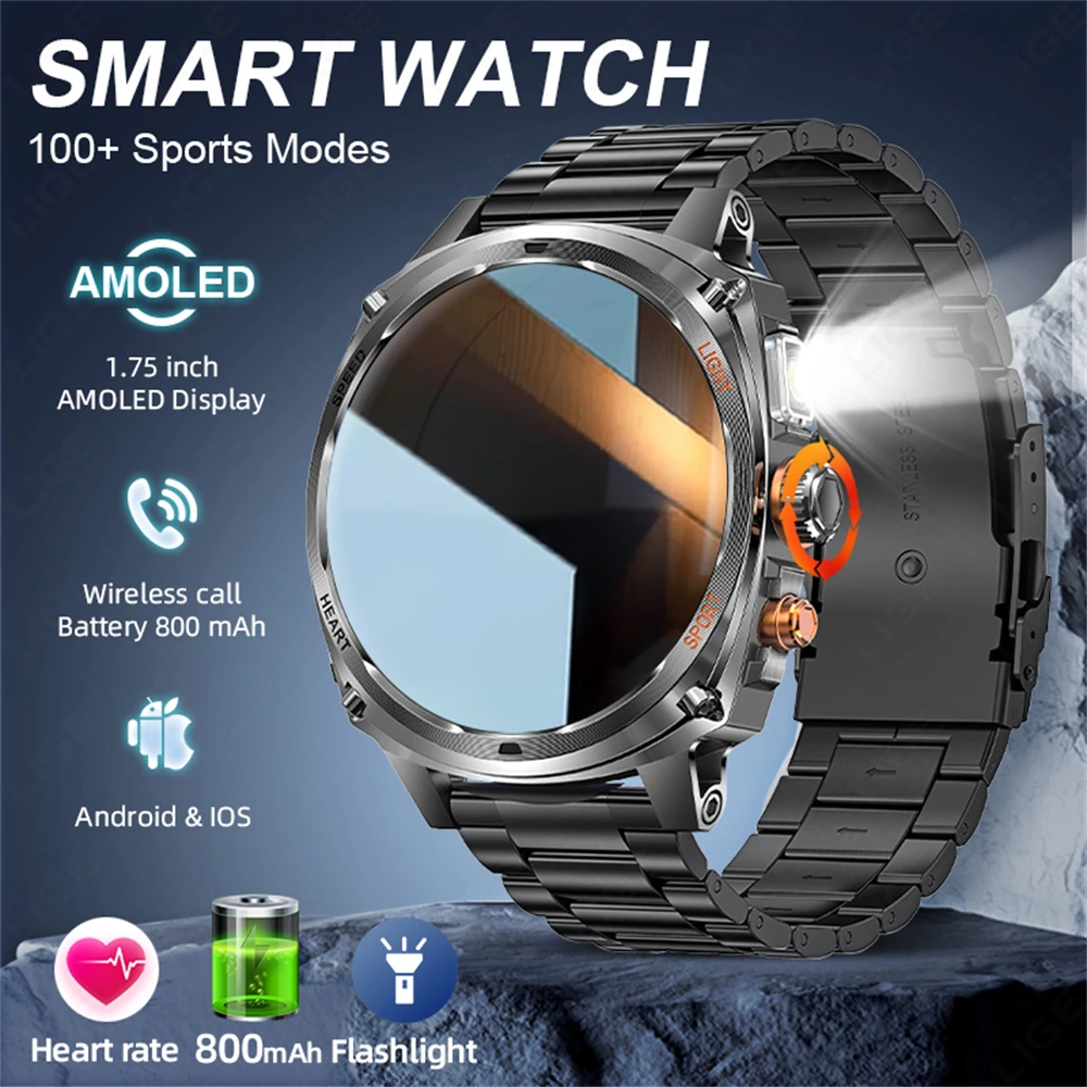 

LIGE 2025 New Smart Watch Man 800mAh Smartwatch Men Flashlight Waterproof Heart Rate Sports BT Call Smartwatches for Android iOS