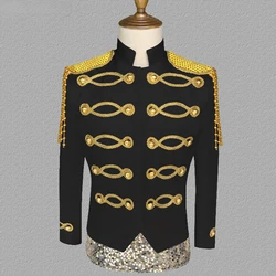 Mens Black Steampunk Blazer Jacket Stand Collar Gold Tassel Hussar Marching Band Military Drummer Parade Blazers Costume Homme