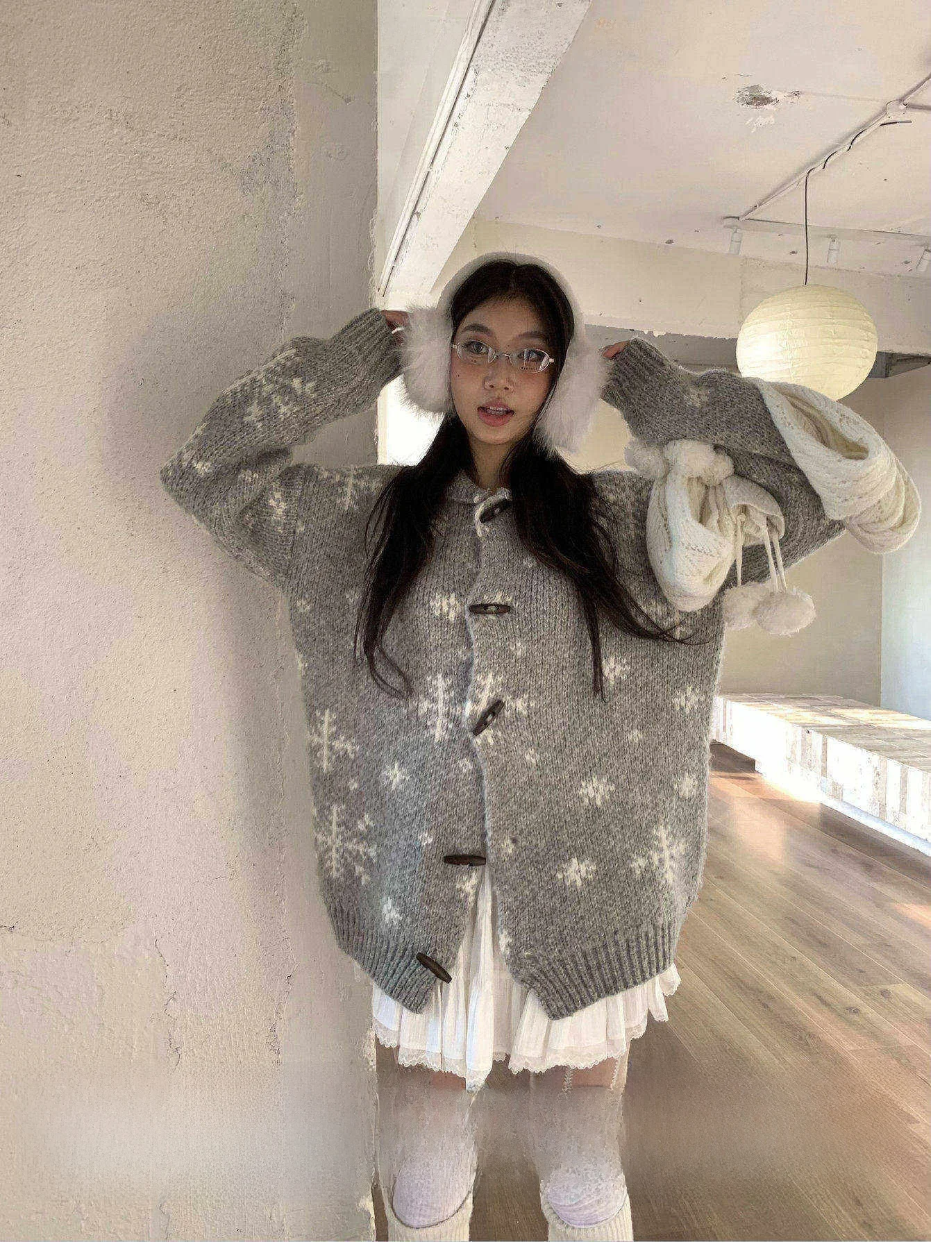 

Fortunee Original Thiened Loose Knitted Sweater Cardigan Women's Autumn Winter Warm Fluffy Snowflake Patterned Outerwear