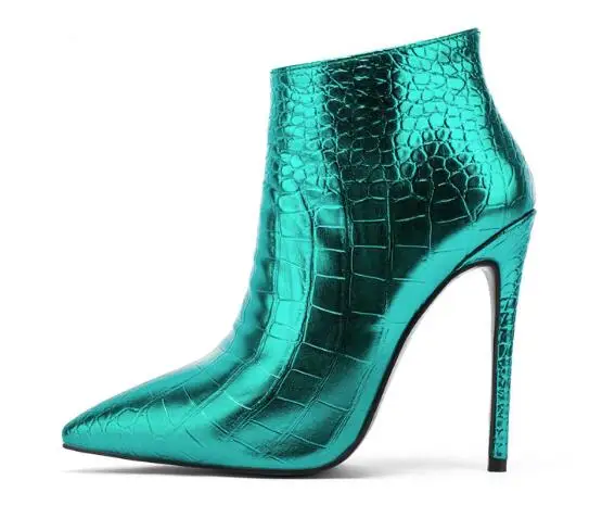 

Carpaton Pointed Toe Irregular Crocodile Pattern Leather Side Zipper Stiletto Ankle Boots Women Sexy Shorts Boots Green