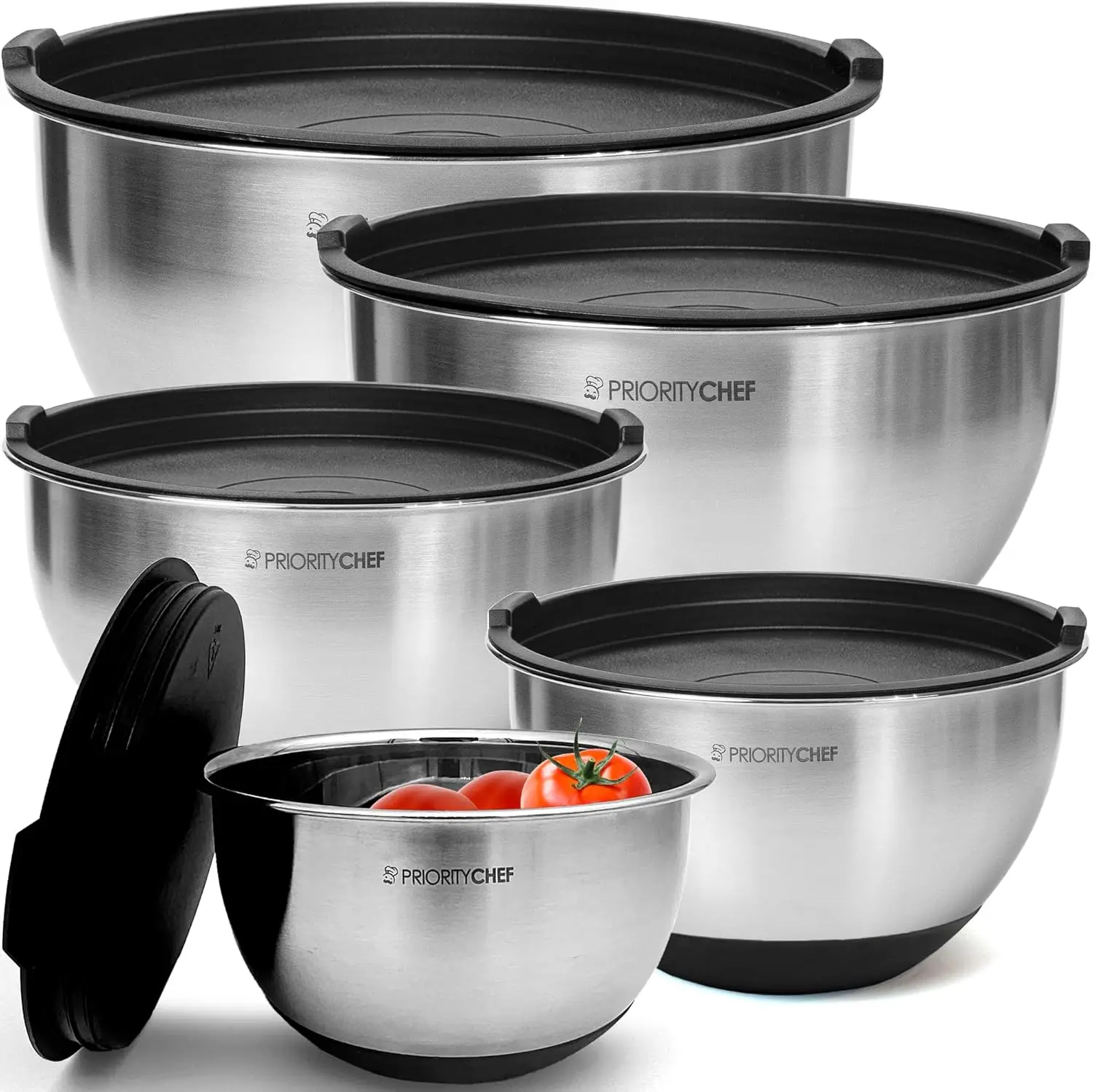

Premium Stainless Steel Mixing Bowls Set with Lids, Non-Slip Base, 5 Sizes (1.5-5 Qt), Airtight & Dishwasher Safe
