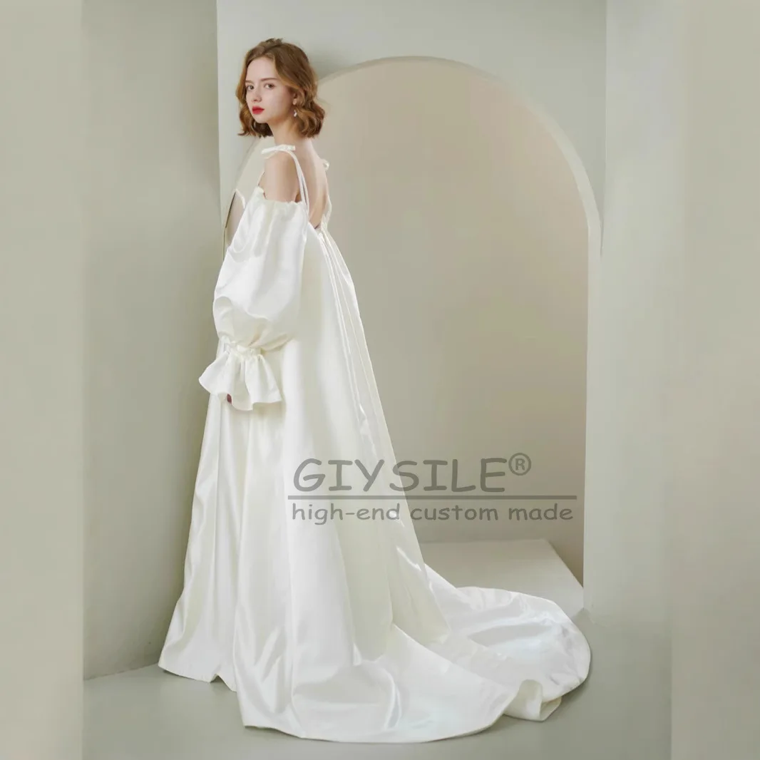 GIYSILE nouveau Style français une épaule rétro robes de mariée de luxe 2025 bulle manches Satin robe de mariée pour la photographie de voyage