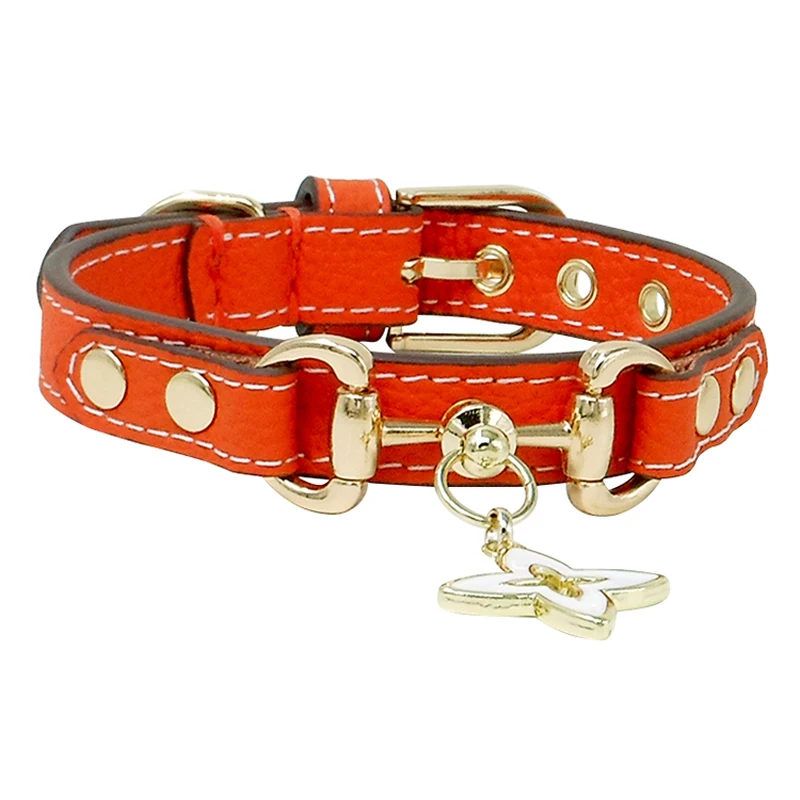 Elegant Orange Leather Pet Collar with Golden Hardware for Fashion - Loving Pets