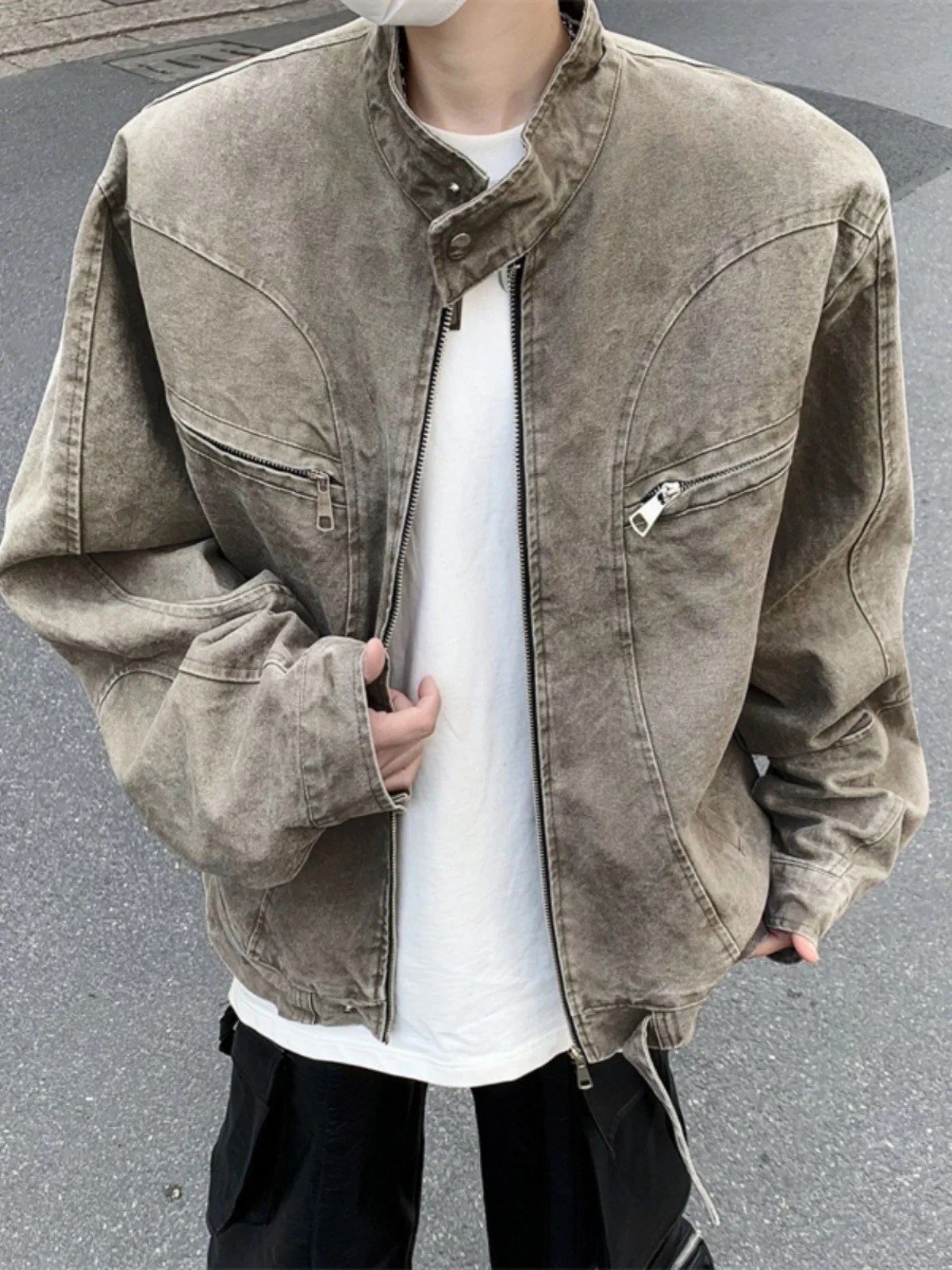 

American Retro ort Collar Jaet Men's Spring Autumn Casual Haome Loose Leisure Workwear Coat Zipper Decorated Stand Fit