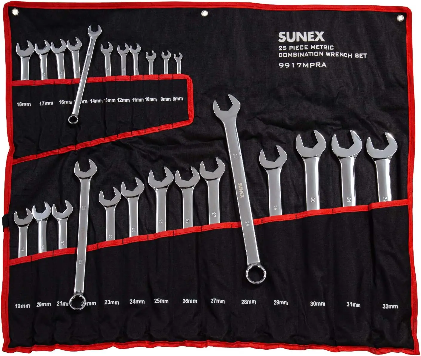 Tools 9917MPRA Metric V-Groove Combination Wrench Set, 8mm - 32mm, Fully Polished, 25-Piece (Includes Roll-Case)