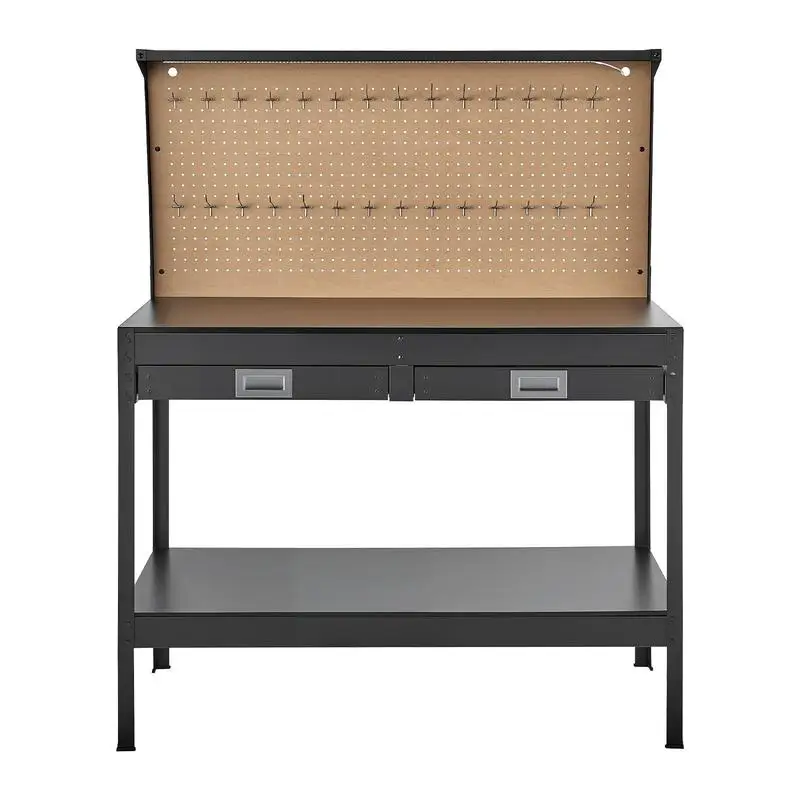 Hardwood Workbench, 242.5 lbs Weight Capacity, 47.2-inch Heavy Duty Workbench with Pegboard, 4 AC Outlets & 2 USB Ports, 4.9 ft Cable & 30 Hooks, Garage Work Bench with Drawer for Workshop