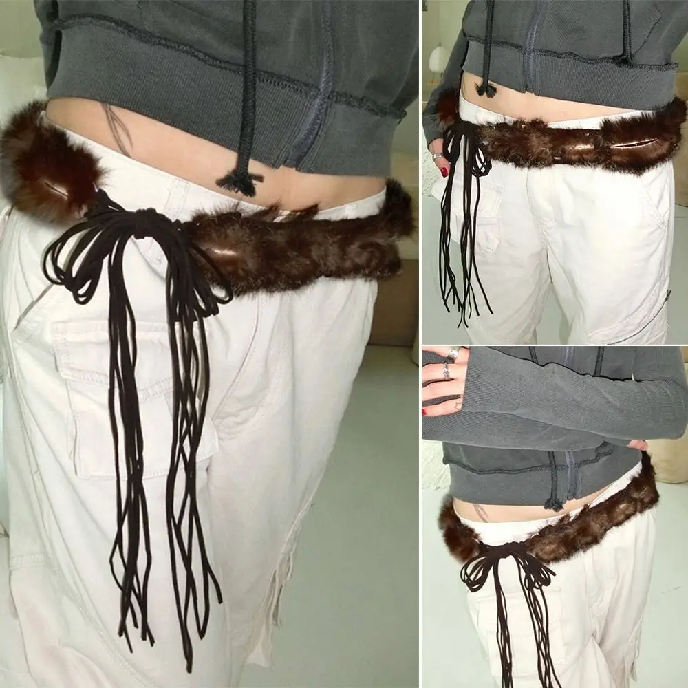 Vintage PU Leather Punk Faux Fur Belt Fluffy Y2K Jeans Pants Decor personality Super Soft Hiphop Jeans Belt