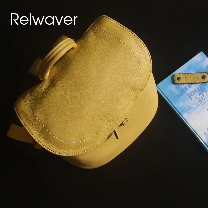 Relwaver SR-Sac d'École en Cuir de Vache group pour Femme, Naturel, Jaune, Noir, Décontracté, Couverture de Seau Souple