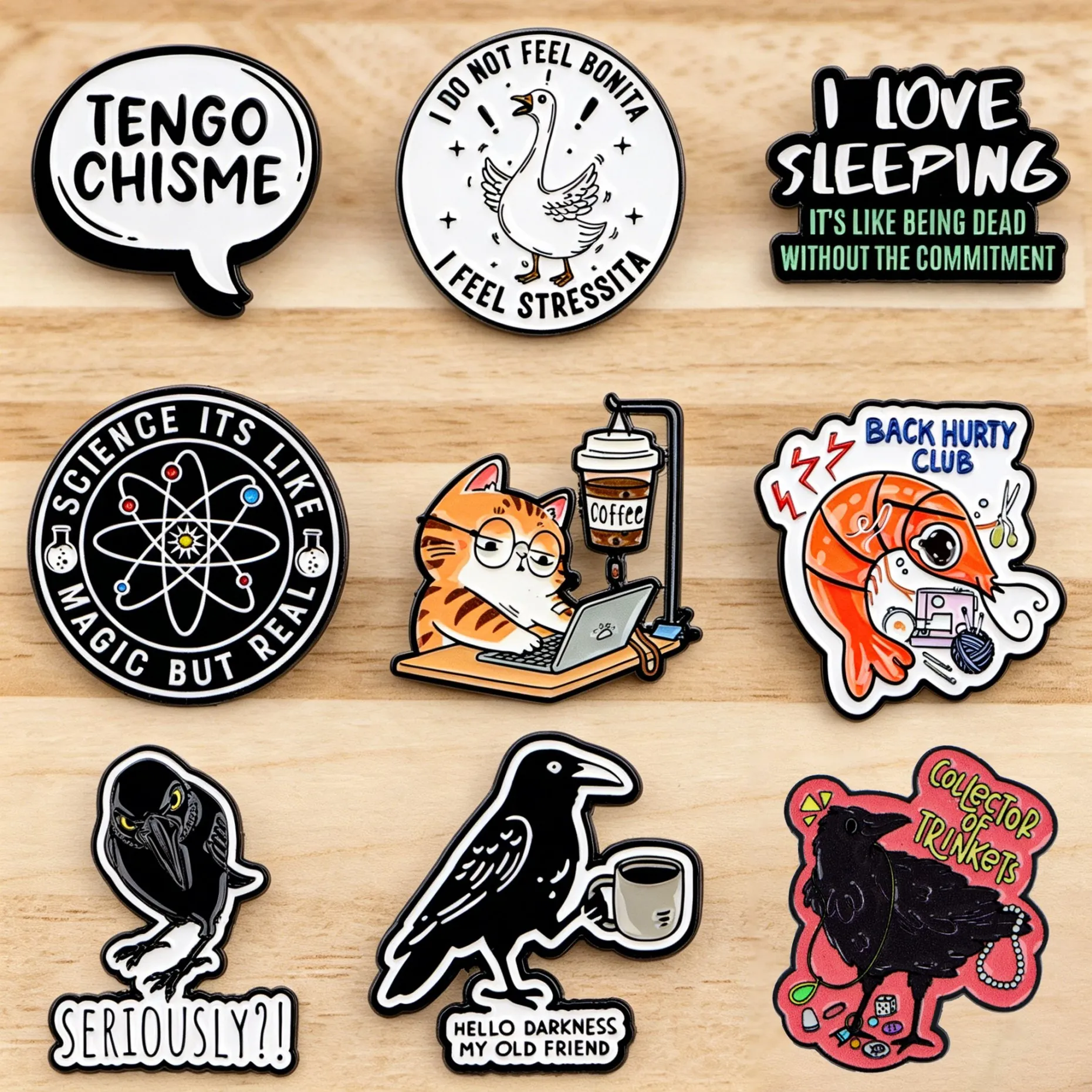 

Милые эмалевые значки с изображением воронов и мультяшных кошек с цитатами, броши для рюкзаков, научные значки, булавки для шляп и лацканов, аксессуары для косплея, игрушки, подарки