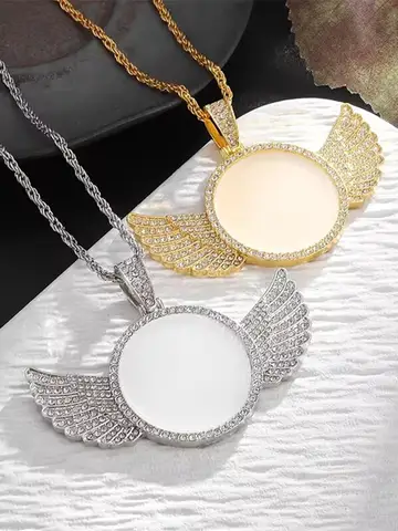 Fashion Memory Angel Wings Mirror Ice Crystal Zirconia Photo Memorial Necklace Couple Hip Hop Jewelry Birthday Gift
