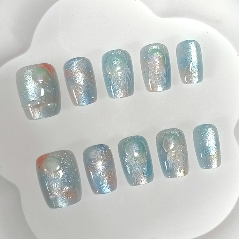 10 Pcs Colorful Glazed Jellyfish Wearable Nail Art Dreamy Sparkling Cat's Eye Fake Nails Press on Nails Detachable Teen Nail Art
