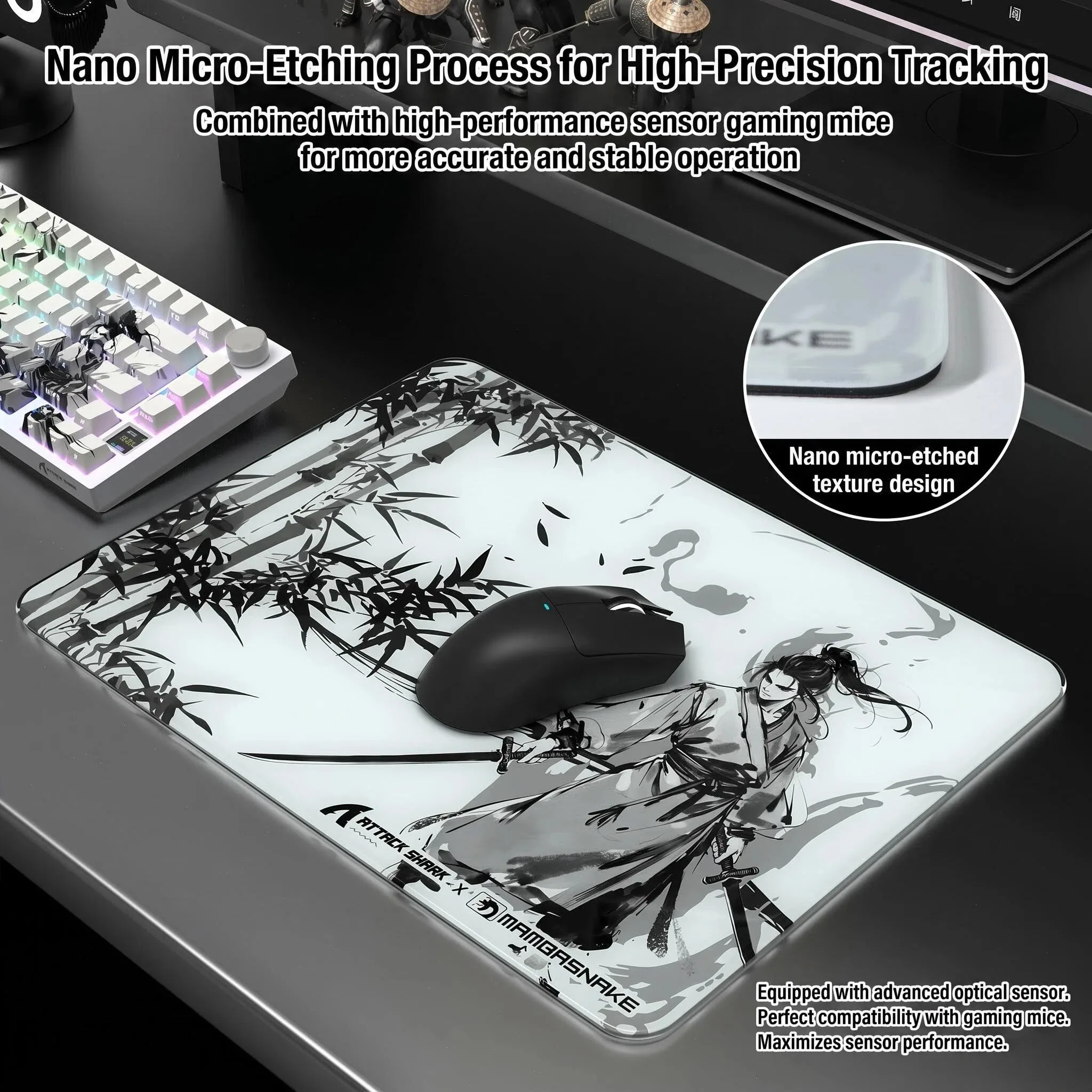 ATTACK SHARK CM05SE Tempered Glass Mouse Pad, 9H Hardness Anti-Scratch, Nano Etched Ultra-Smooth Surface, Non-Slip PU Base