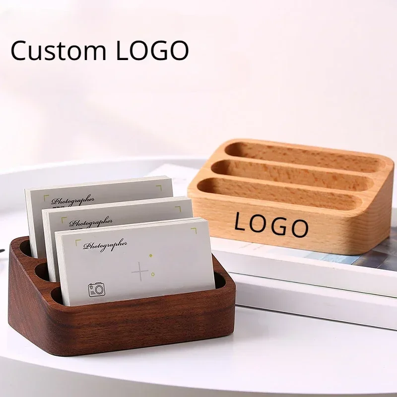 

Customized Wooden Business Card Holder Laser Engrave Beech Wood Clip Postcard Calendar Base Personalized LOGO Cardcase Gifts