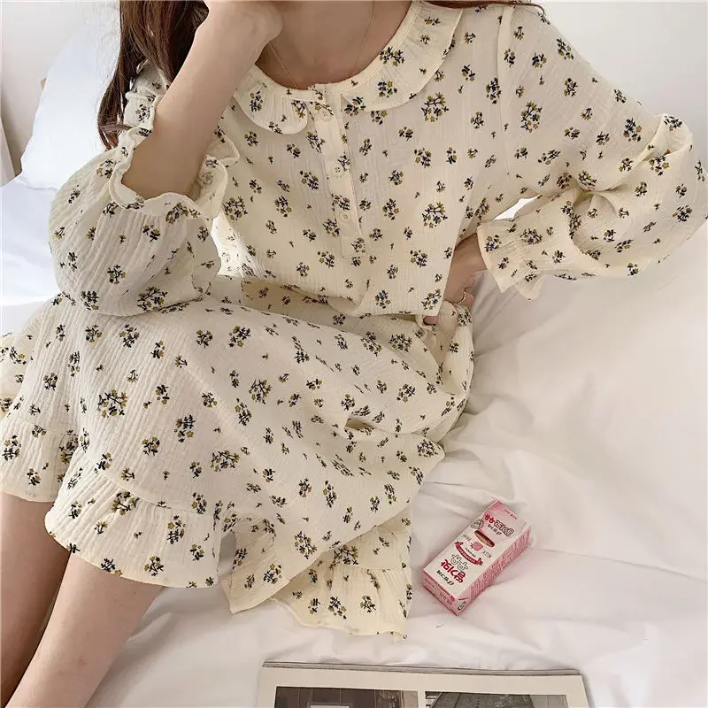 Floral Sleepwear Women Korean Nightgown Button Nightwear One Piece Pajamas Ruffles Autumn Sleepingpeter Pan Collar Night Dress