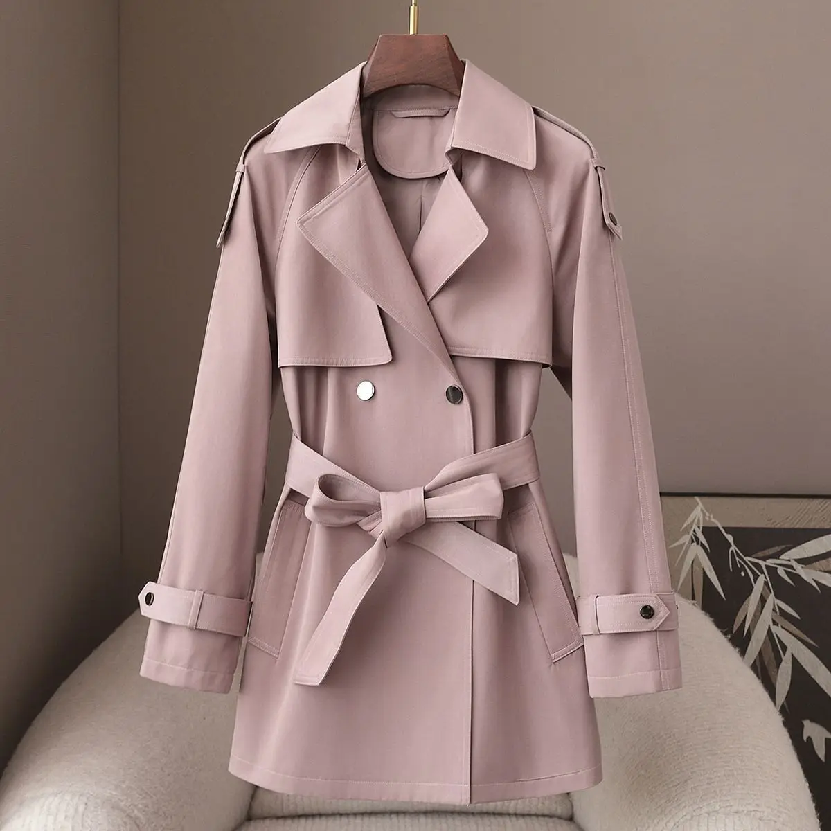 

2025 Spring Notch Lapel Trench Coat Women Fashion Mid Length Petite Elegant Overcoat