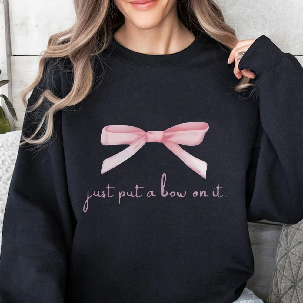 

Just Put A Bow On It Women’s Autumn Winter Sweatshirt Trendy Minimalist Long Sleeve Top Hand Painted Pink Bow O Neck Lady Tops