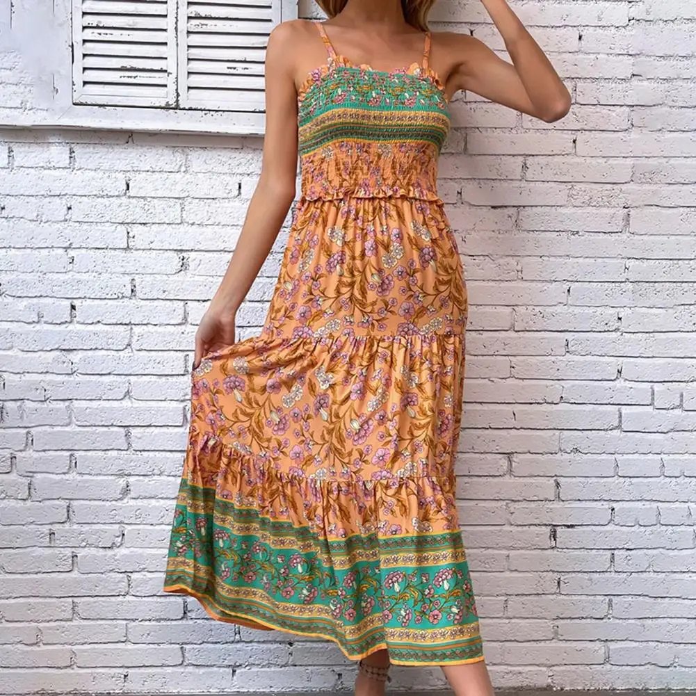 Vestido largo con tirantes para mujer, traje de estilo étnico con detalles de retazos fruncidos, dobladillo de línea a, vestido de verano alto para vacaciones