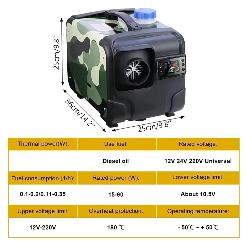 เครื่องทำความร้อนดีเซล 5KW 12V/24V/220V พร้อมรีโมทคอนโทรลสำหรับรถยนต์ รถบ้าน และรถบรรทุก ให้ความร้อนอย่างรวดเร็ว