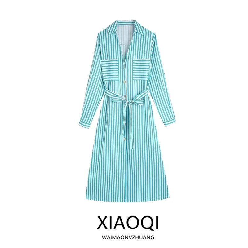 

Лето 2023, женские длинные свеки с застежкой на талии в полоску, длина миди, на пуговицах, для поездок на работу, удобная мода