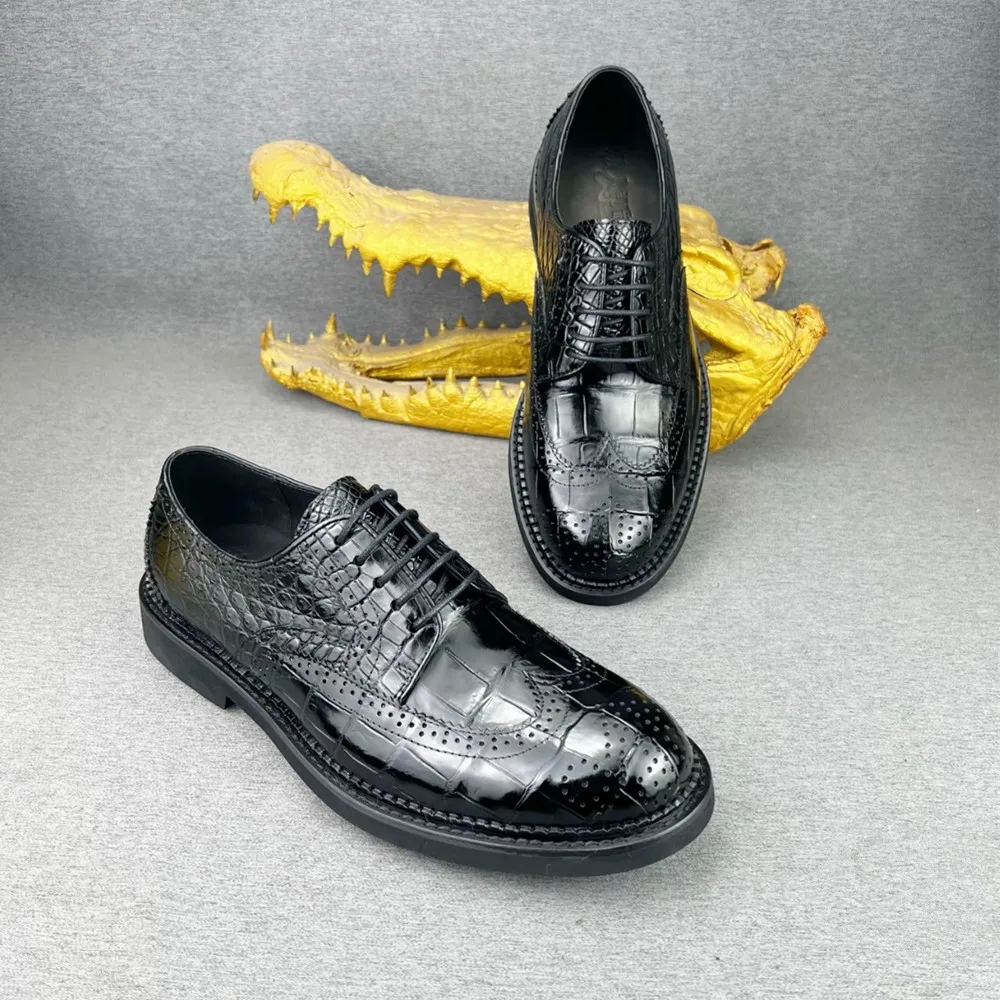 Authentic crocodile leather men's derby shoes real crocodile leather men's casual lace-up block shoes